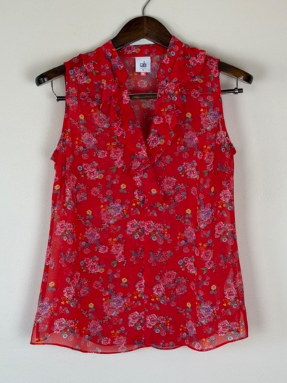 CAbi Sleeveless Romantic Feminine Red Floral Blouse with Ruffle Women's Small